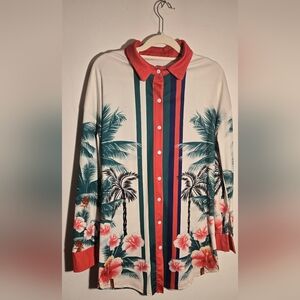 Womens Coral Trim Tropical Palm-Print Shirt